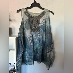 One world Live and Let Live Gray and Blue Embellished Blouse